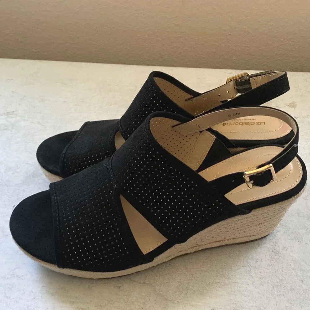Liz Claiborne 8.5 Wedge Sandals Black LC Hatcher Perforated Espadrille Slingback